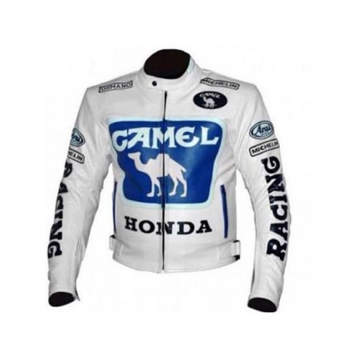 Men's White Honda Camel Racing Motorcycle Leather Jacket