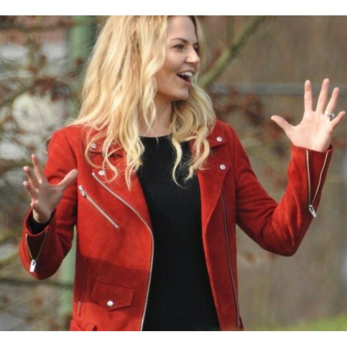 Once Upon A Time Season 7 Episode 2 Emma Swan Red Suede Zip Moto Jacket