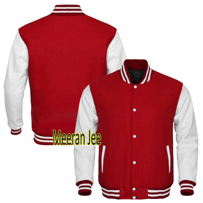 Men's Red White Varsity Bomber Wool Leather Letterman Baseball Jacket 